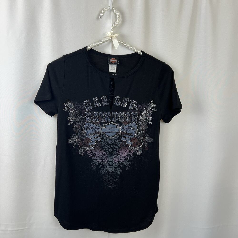 Harley Davidson T Shirt Womens XS Black Cap Sleeve Keyhole Cut Graphic Floral